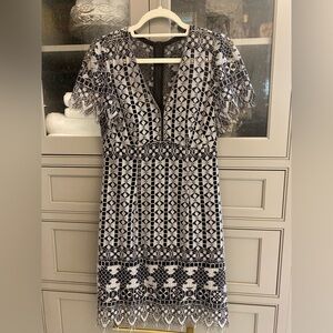 Nanette Lepore Black and White Geometric Lace Midi Dress